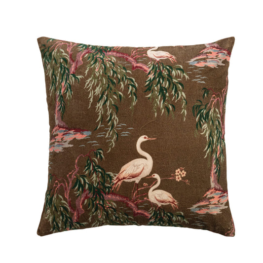Velvet Chinoiserie Crane Print Cotton Pillow