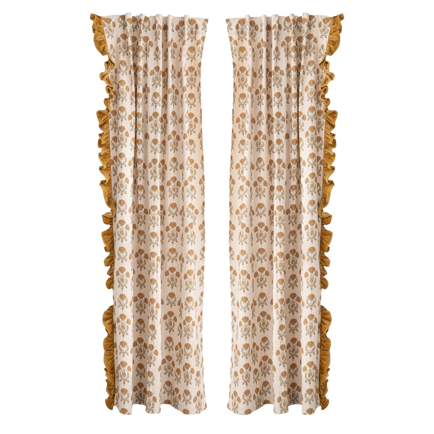 Cotton Slub Curtain Panel Pair with Velvet Ruffled Edge