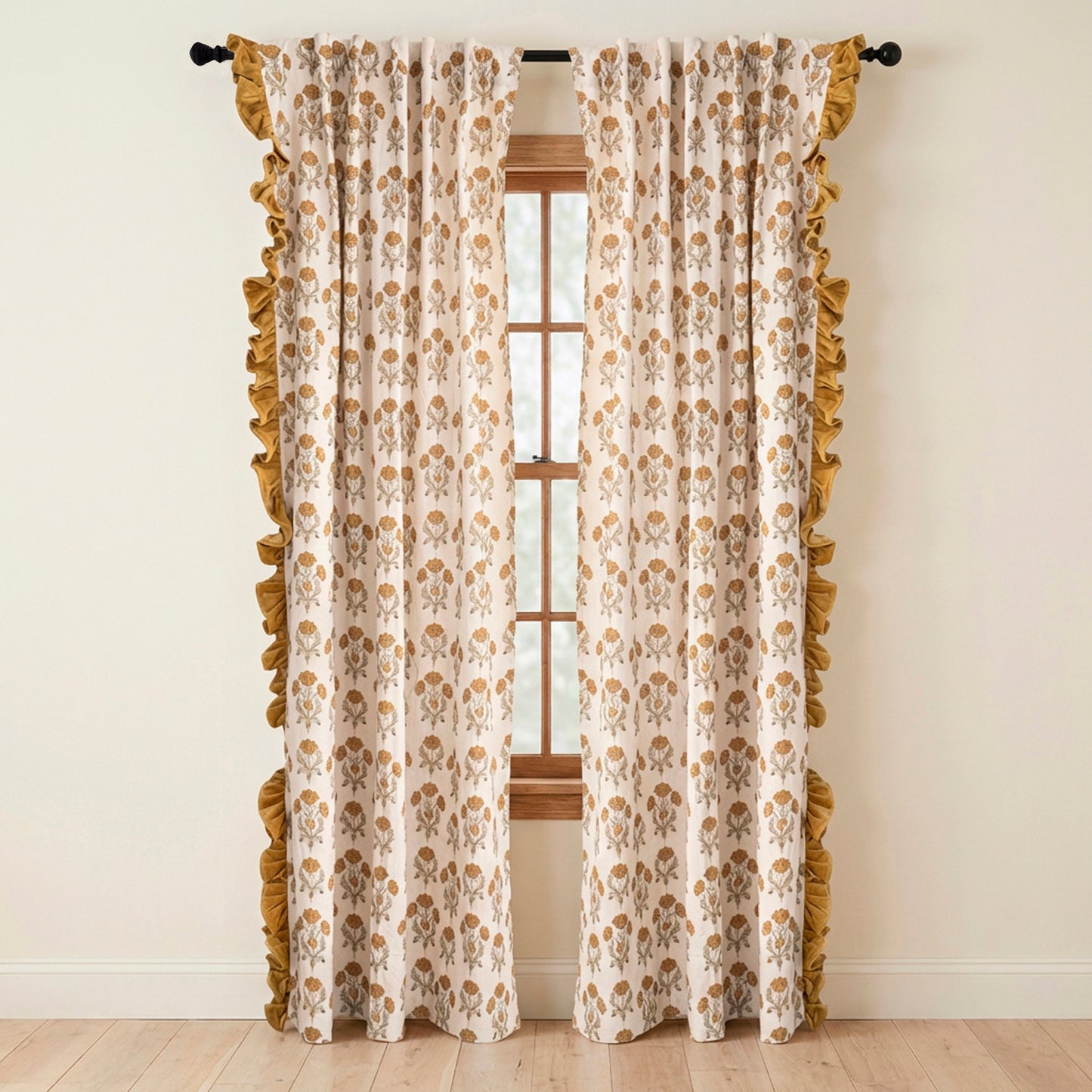 Cotton Slub Curtain Panel Pair with Velvet Ruffled Edge