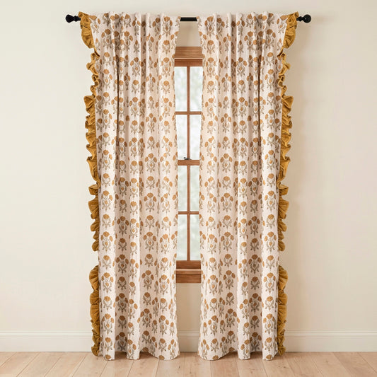 Cotton Slub Curtain Panel Pair with Velvet Ruffled Edge