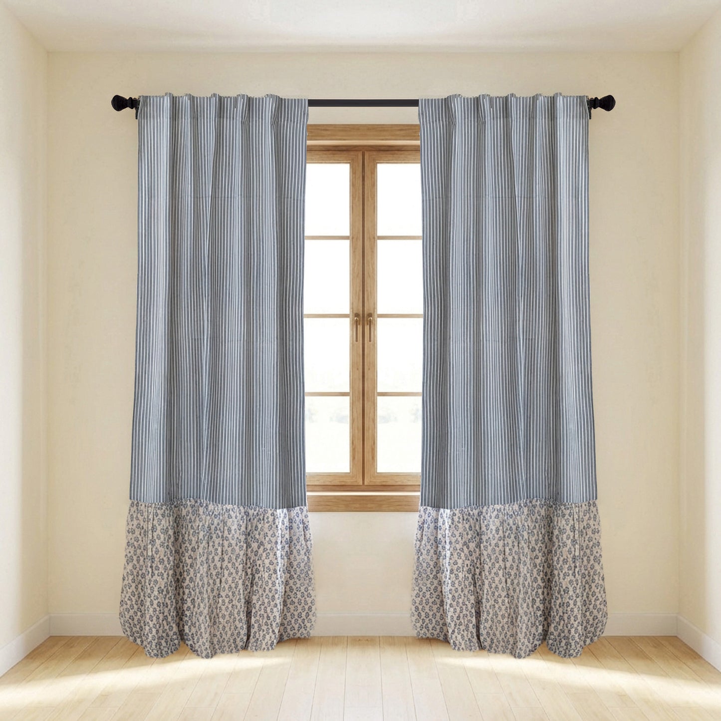 Cotton & Linen Striped Curtain Panel Pair with Ruffle