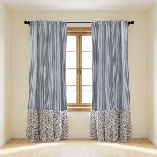 Cotton & Linen Striped Curtain Panel Pair with Ruffle