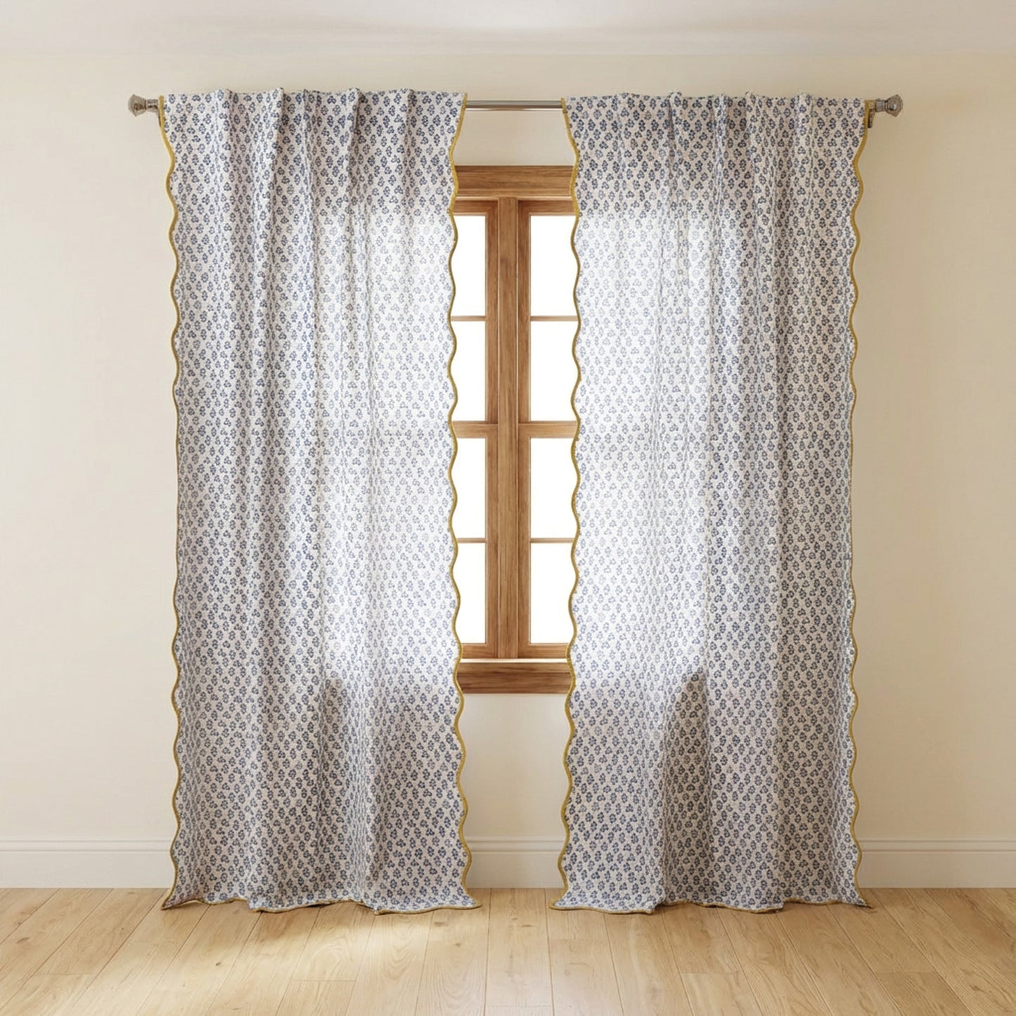 Cotton & Linen Scalloped Curtain Panel Pair