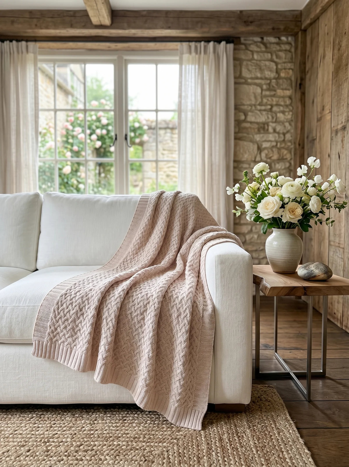 Pale Pink Cable Knit Bamboo Throw