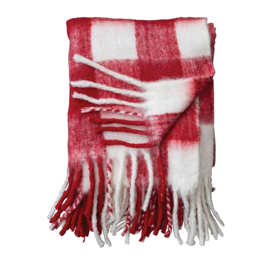 Red & White Plaid Throw With Fringe
