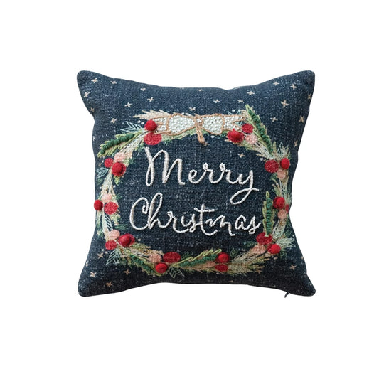 Wreath Embroidered Pillow With Beads & Pom Poms