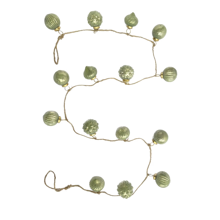 Olive Green Mercury Glass Ornament Garland With Jute Cord