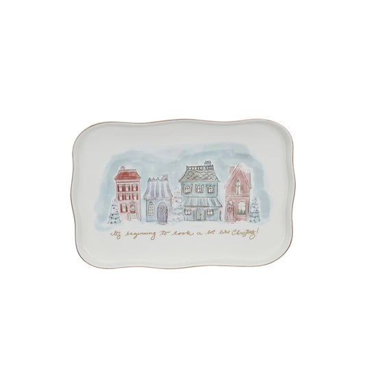 Stoneware Platter With Christmas Village Scene