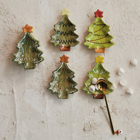 Hand-Painted Stoneware Christmas Tree Dish