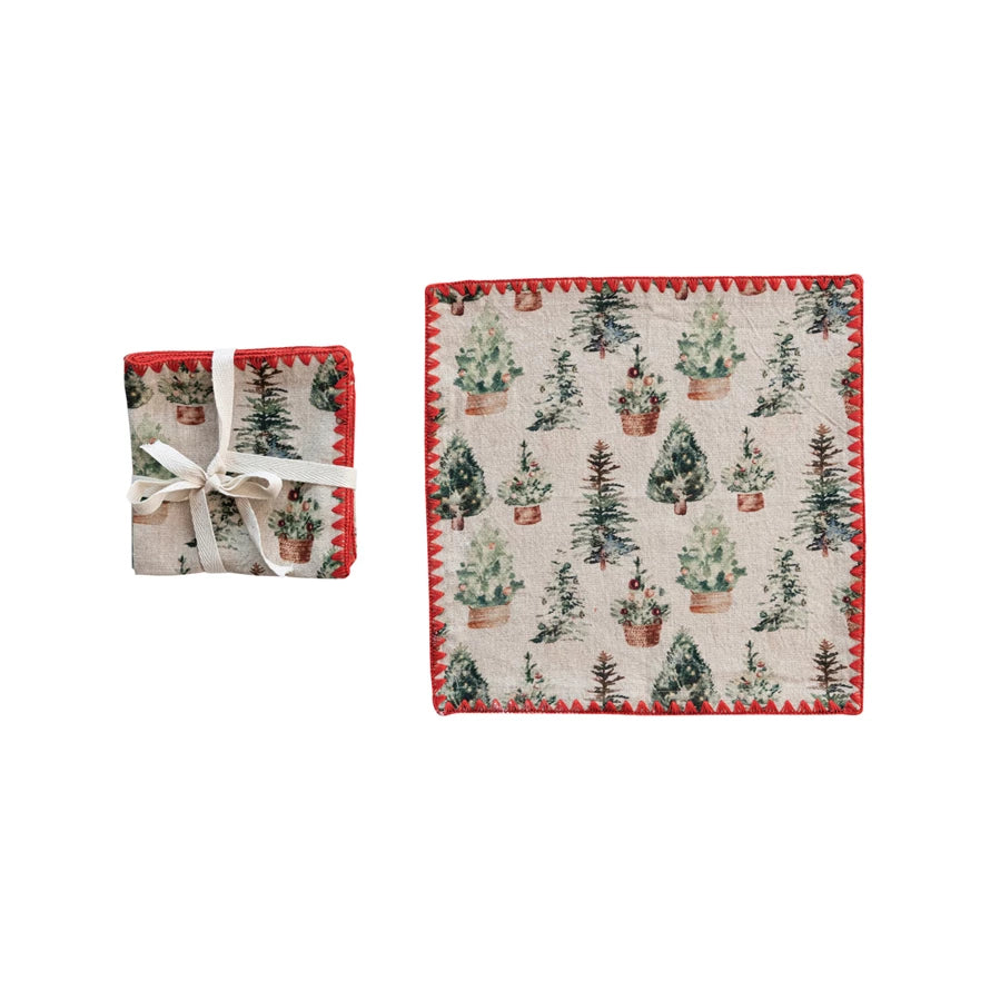 Tree Patterned Cotton Napkins w/ Red Stitched Edge