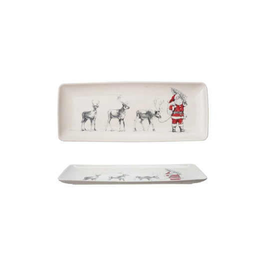 Stoneware Serving Platter with Santa Leading Reindeer