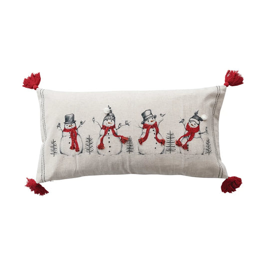 Lumbar Pillow With Embroidered Snowmen & Birds