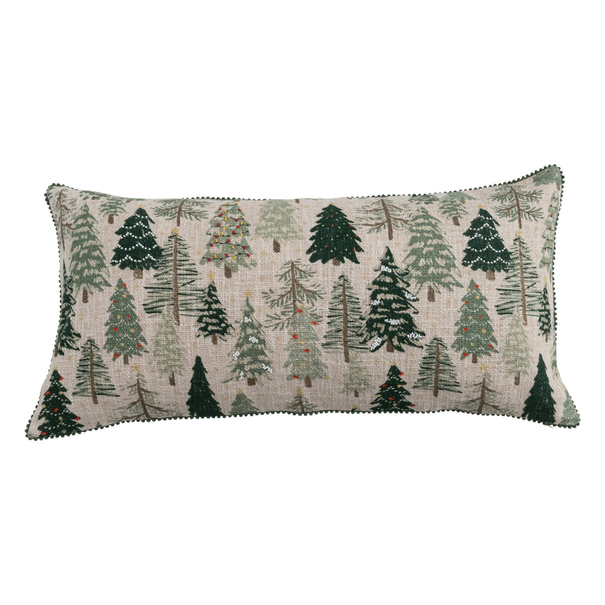 Lumbar Pillow With Tree Pattern & Pom-Pom Trim