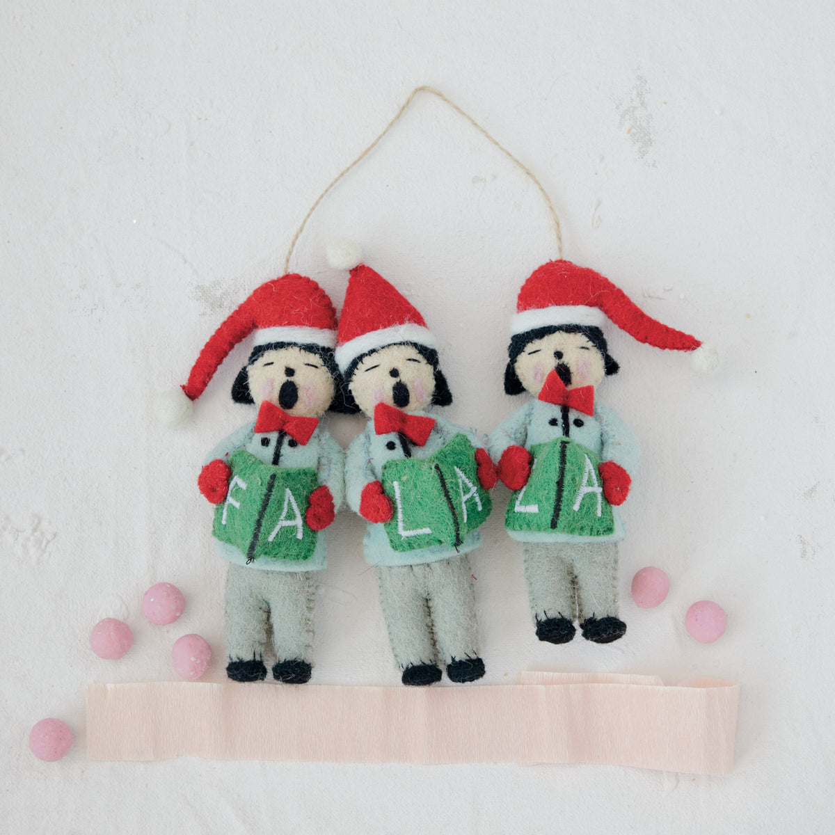 "Fa La La" Felt Carolers In Santa Hats Ornament