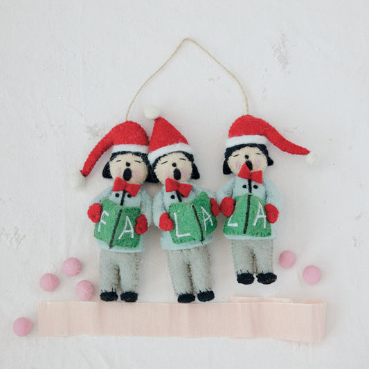 "Fa La La" Felt Carolers In Santa Hats Ornament