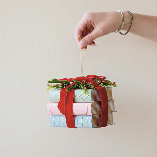 Paper Stacked Book Ornament With Velvet Ribbon