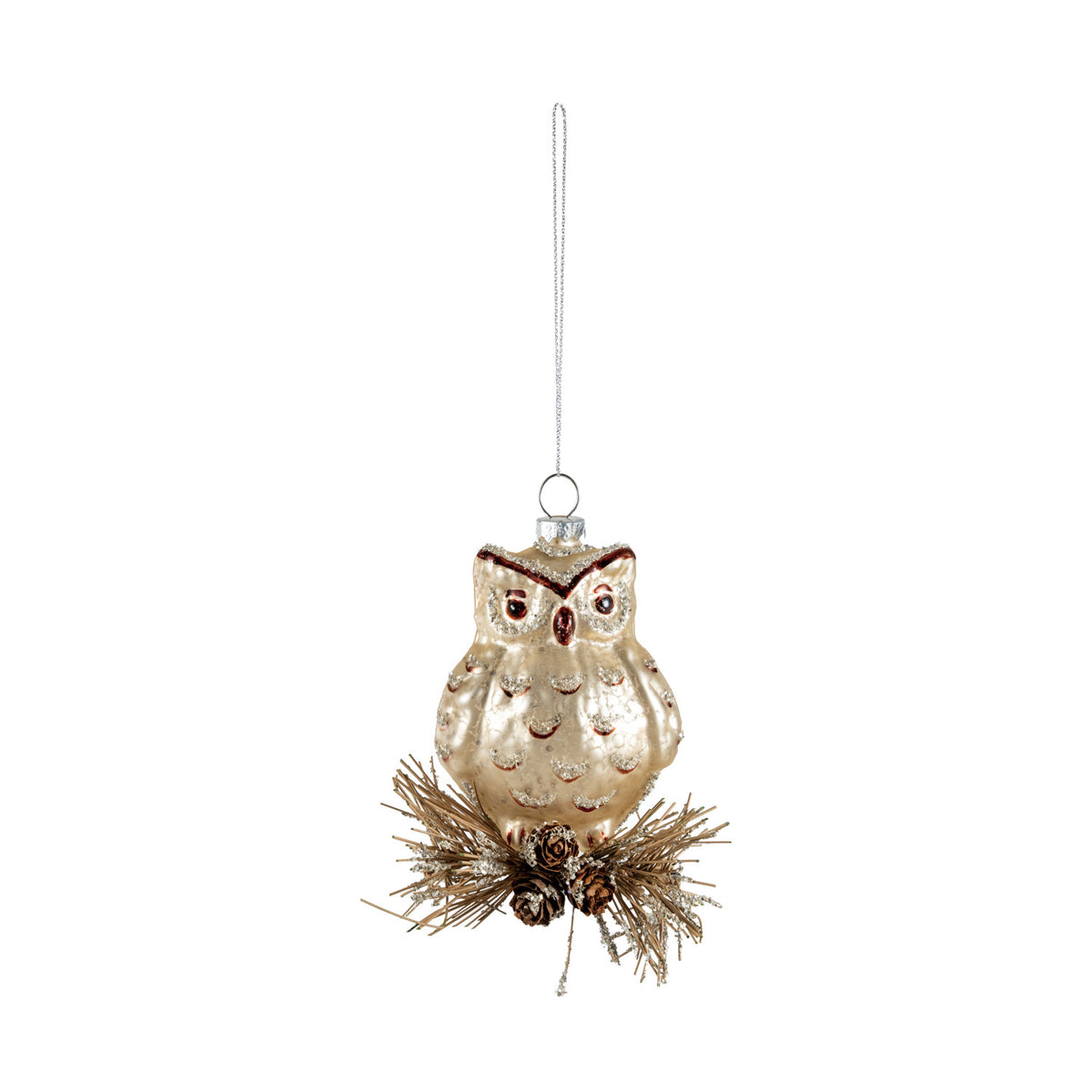 Mercury Glass Owl Ornament With Glitter & Pinecones