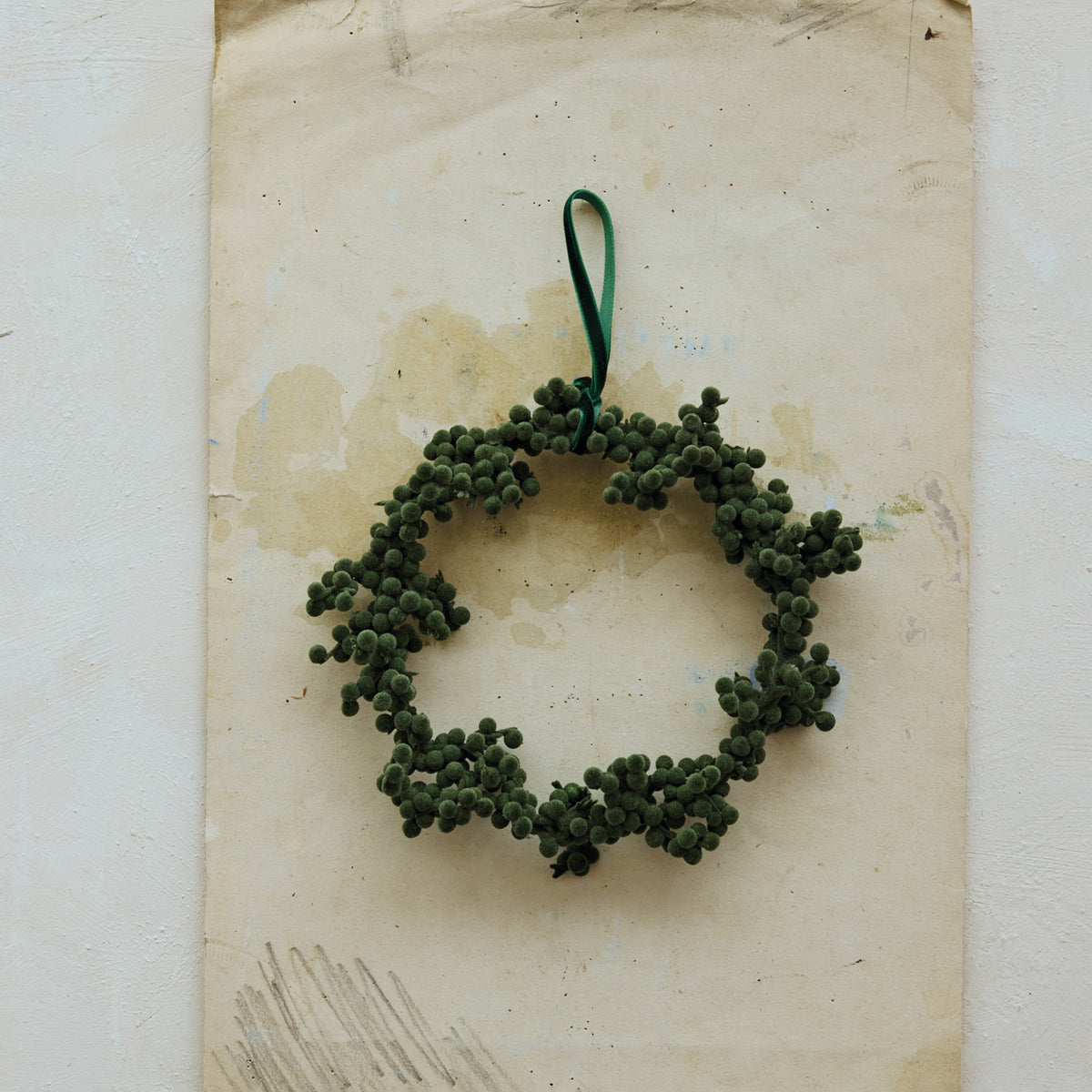 Flocked Green Ball Wreath With Velvet Ribbon