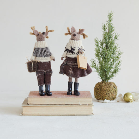 Felt Deer In Clothes & Resin Boots With Present Ornament
