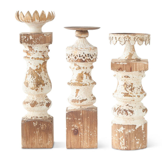 Whitewashed Metal & Wood Candle Holder