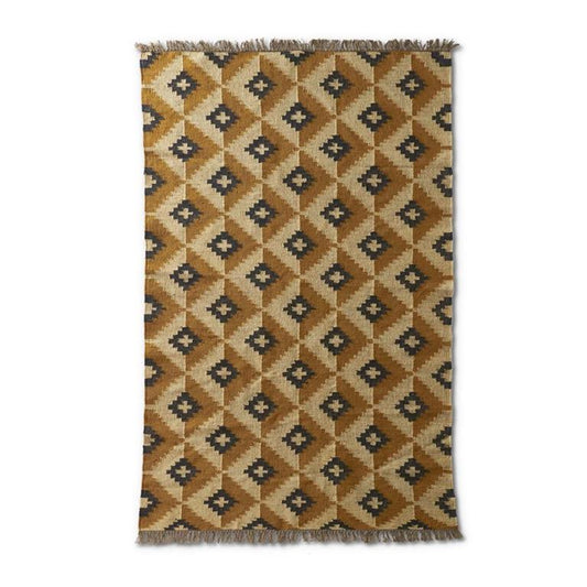TAN BLACK & RUST TRIBAL PANJA HANDWOVEN RUG W/ FRINGE