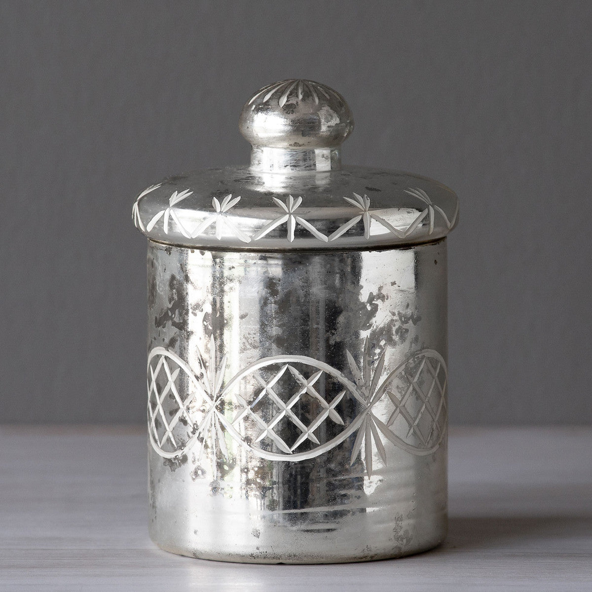Mercury Glass Etched Canister