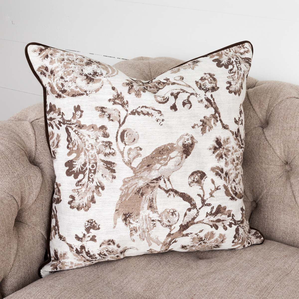 Brown Down Filled Bird Toile Pillow