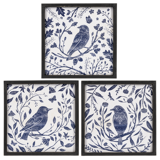 Textured Blue & White Bird Prints