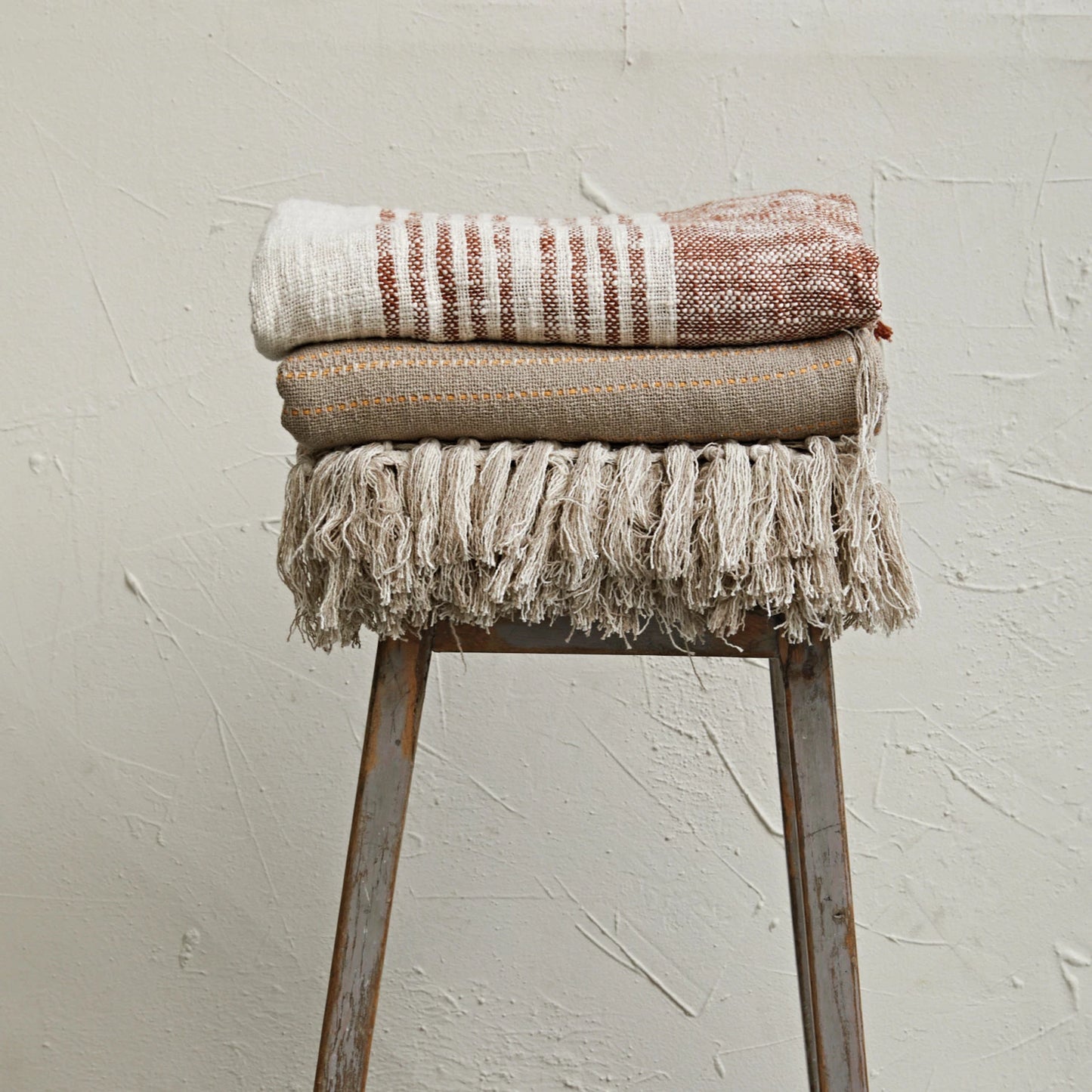 Woven Cotton Throw with Stripes & Fringe