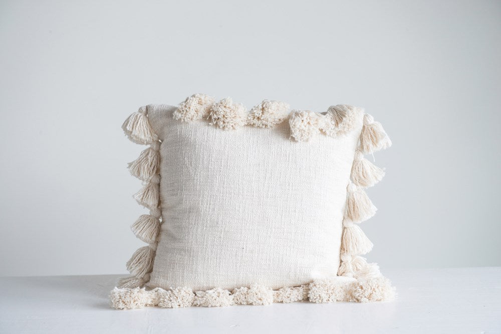 Square Cotton Woven Slub Tassel Pillow