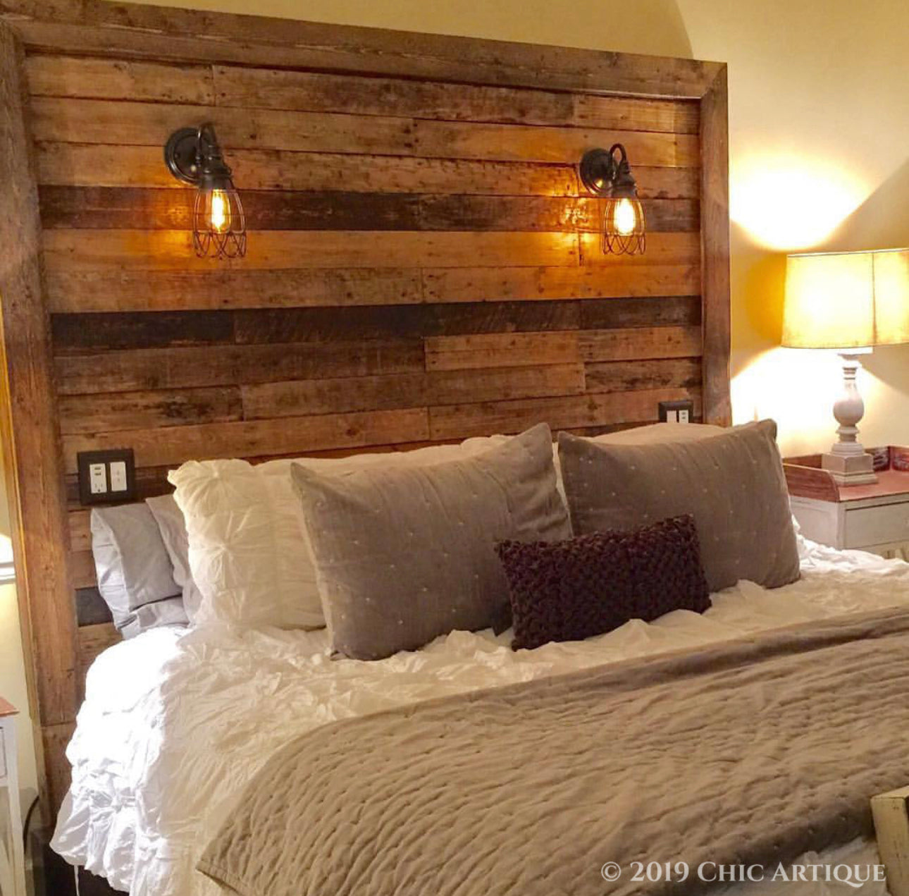 Rustic Lighted Headboard with Cage Lights